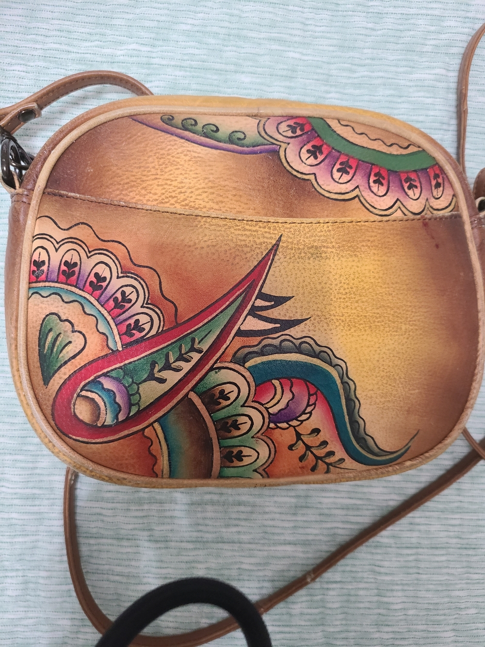 Hand-Painted Floral Leather Crossbody Bag in Tan and Multicolor